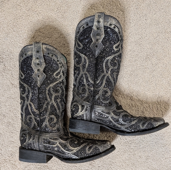 Corral Black Distressed Leather Square Toe Western Boots Bling Inlay - Picture 9 of 11